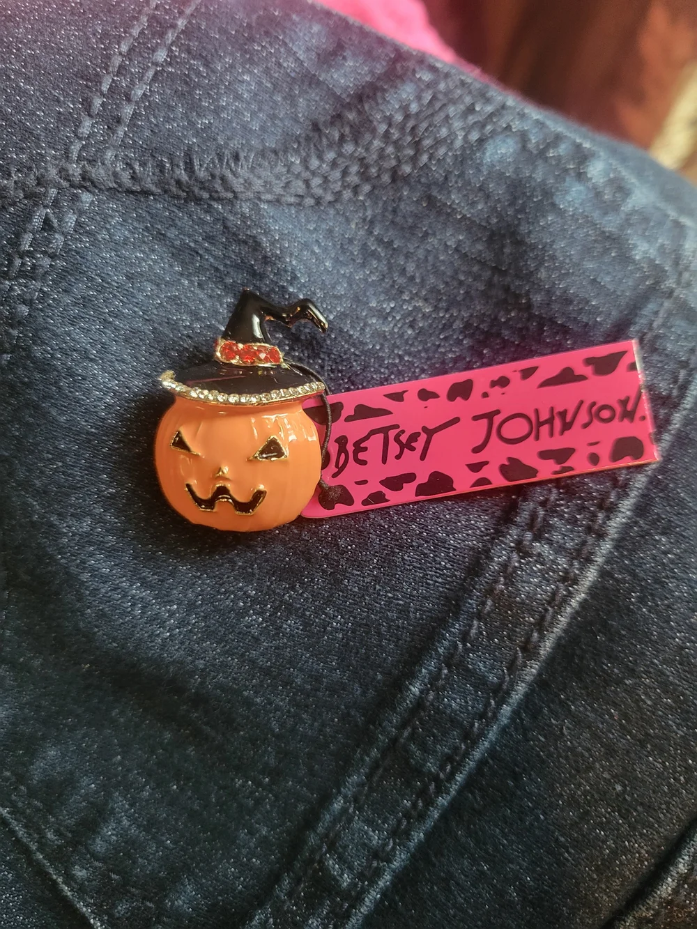 Orange Pumpkin Pin with Black Witch Hat and Pink Tag Trendy